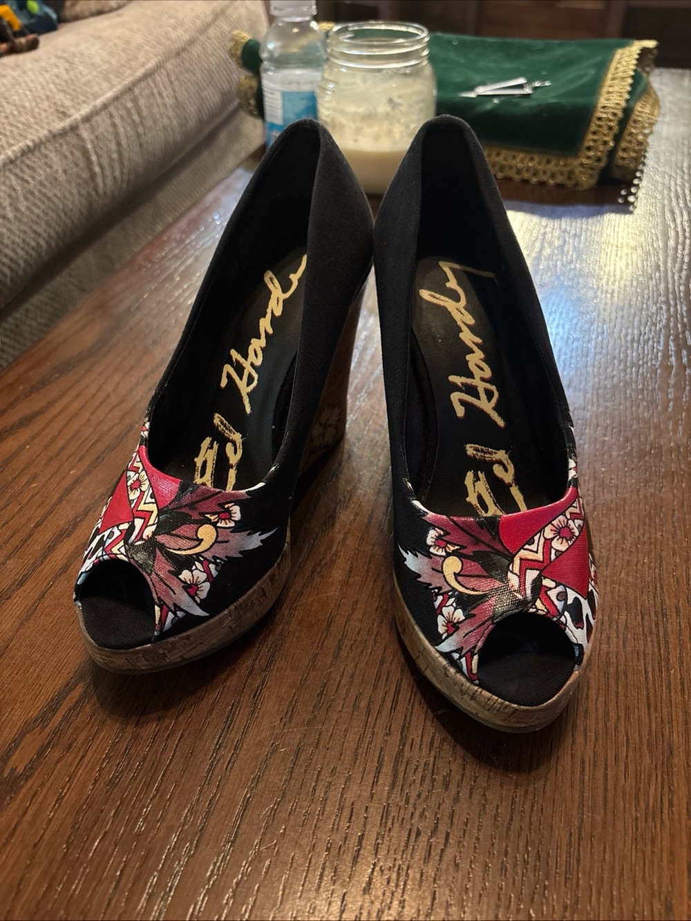 Ed Hardy Cork Wedge Peep Toe Heels Women’s Size 7 Skull Wing Tattoo Y2K Rare